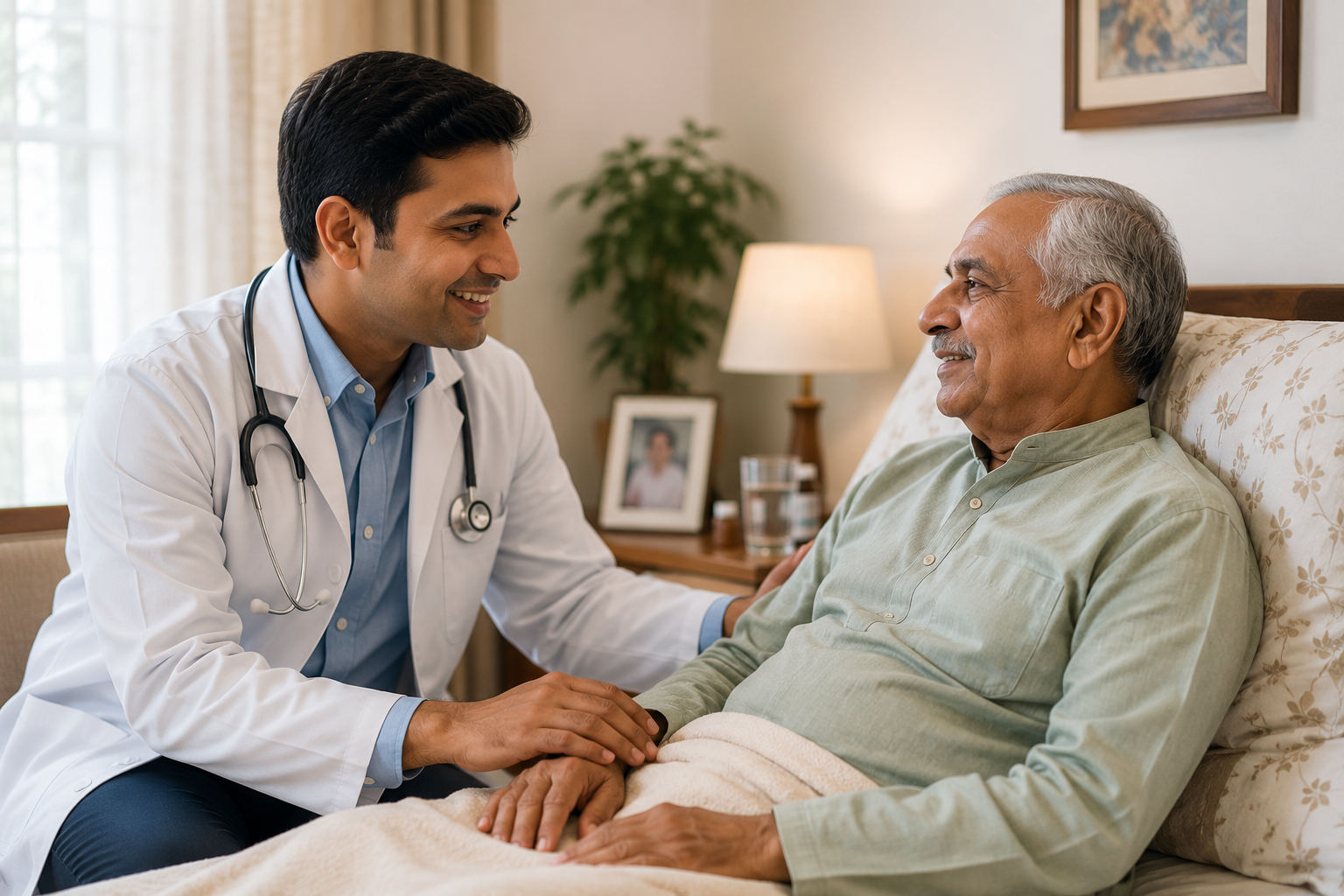 Indian doctor in white coat at bedside, reassuring an elderly patient resting at home
