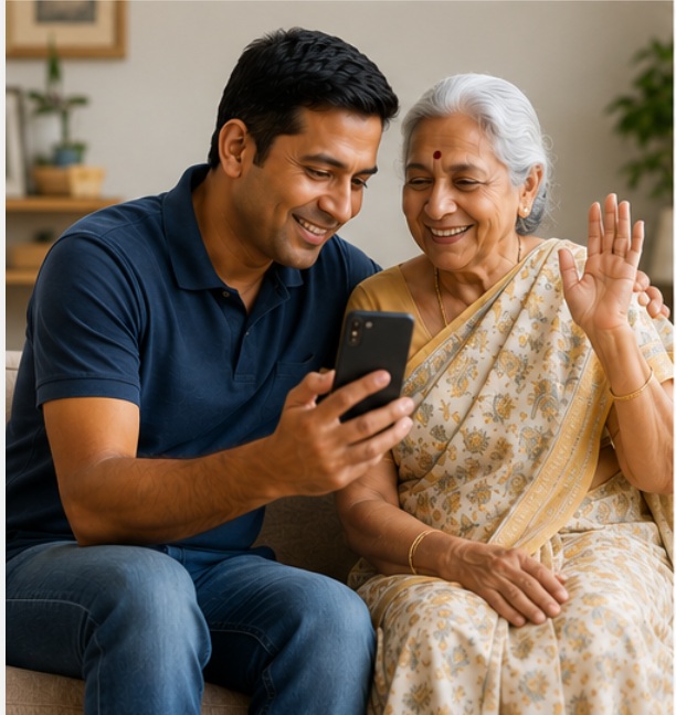 Indian household using simple printed and digital guides for daily caregiving